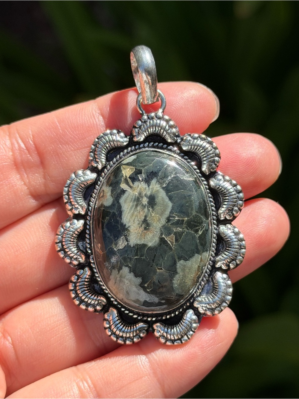 Handmade Silver plated green ocean Jasper pendant